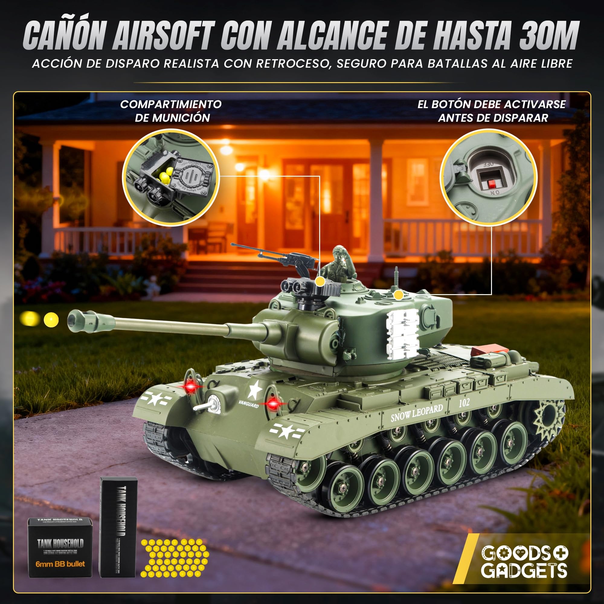 GOODS+GADGETS Tanque RC Alemán Tiger I 2.4GHz R/C Modelo a Escala 1:16 con función de Disparo, Sonido - RTR (Pershing Snow Leopard)