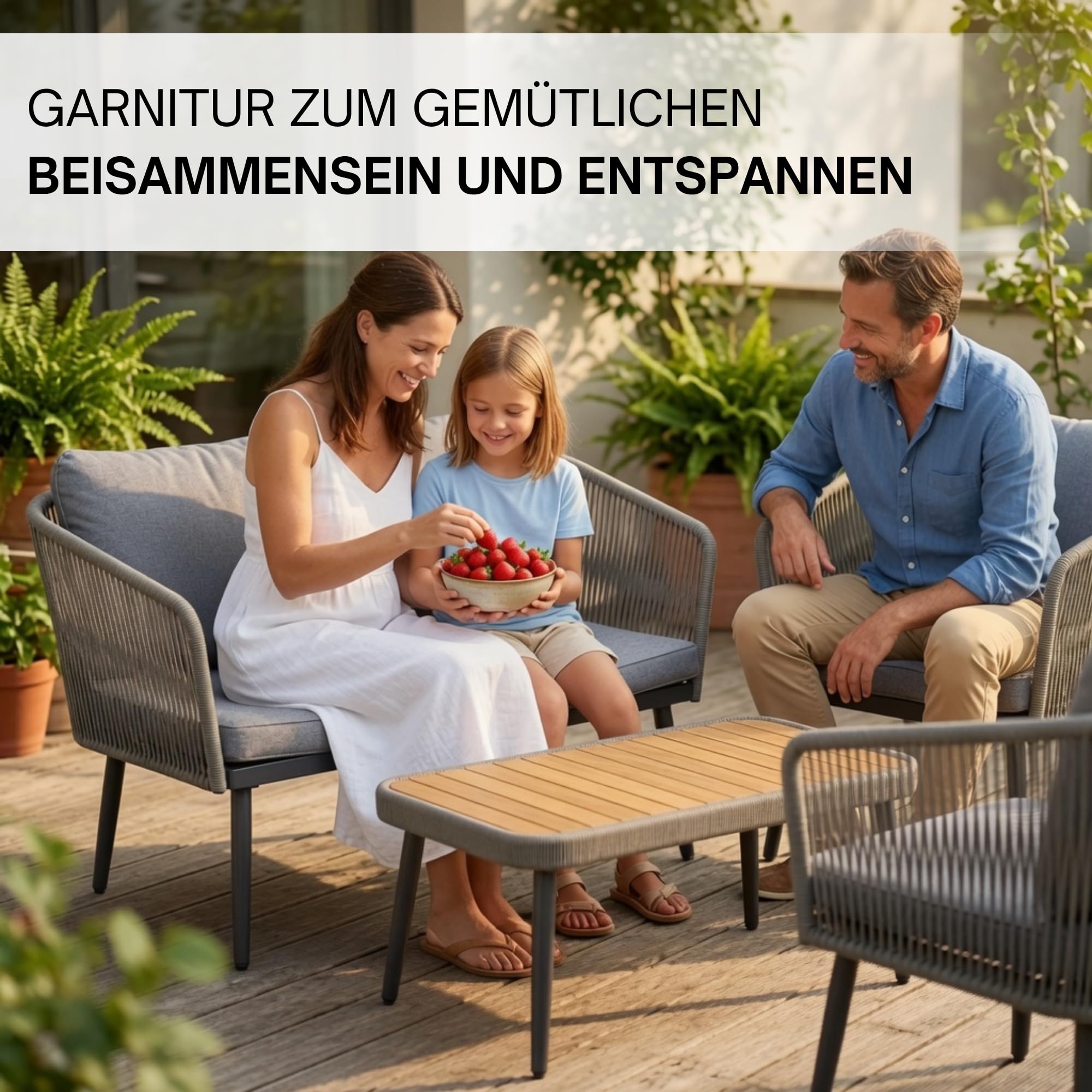 ESTEXO Set di mobili da giardino Rope effetto corda, panca da giardino in legno di acacia, tavolo da giardino, grigio