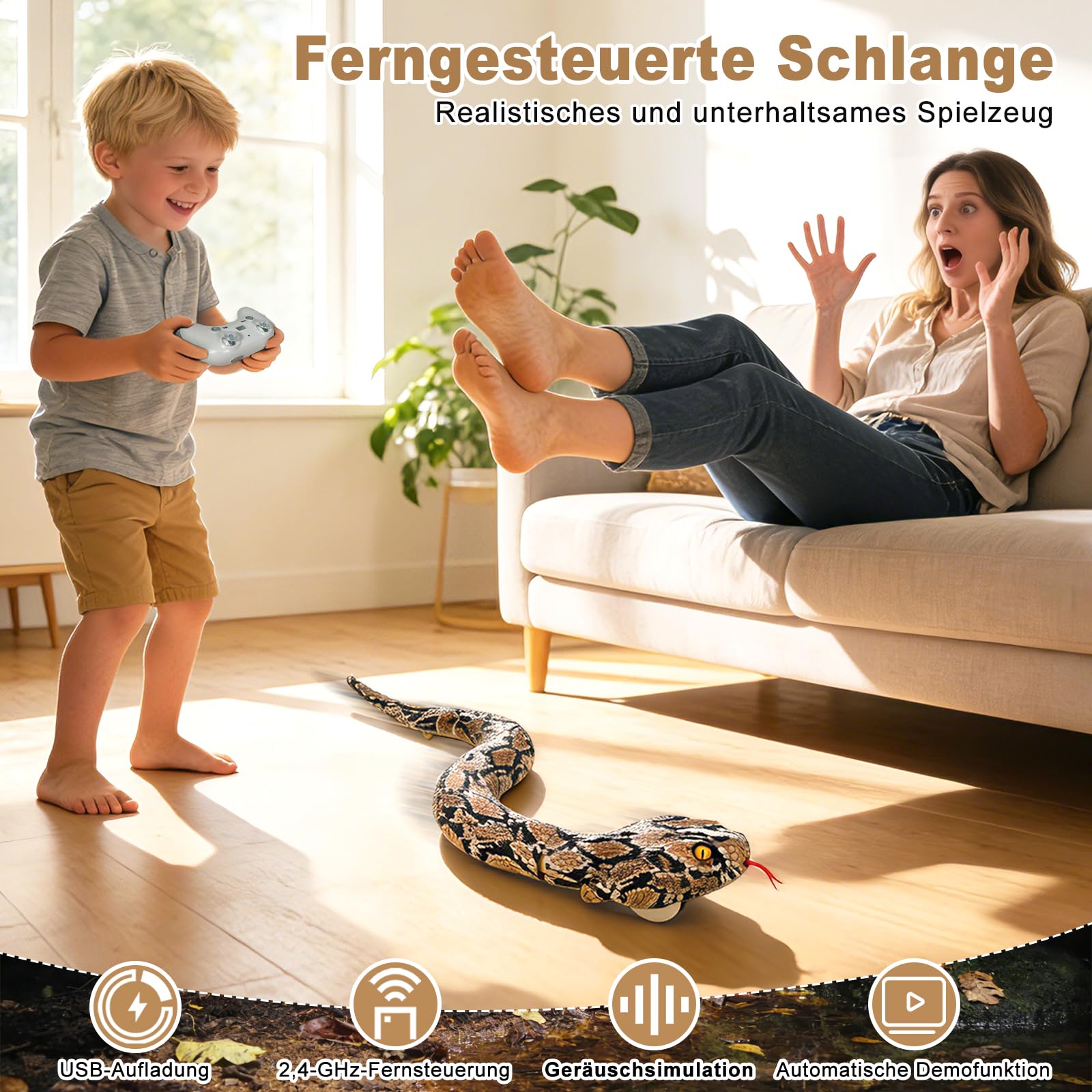 HILKKET Serpiente Teledirigida, Serpiente pitón Teledirigida de 64 cm, Juguete eléctrico de Serpiente para Tierra y Agua a 5 km/h, Juguete Impermeable para Piscina, Juguete Acuático para Niños