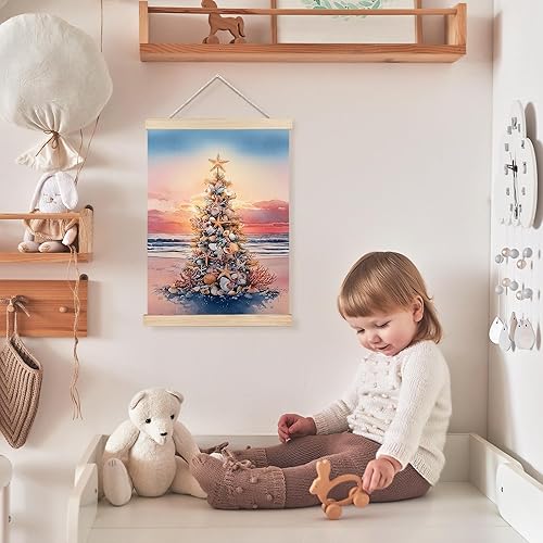 Miniatura 5 de FDHSPAAM Arte de Pared de Árbol de Navidad de Playa, Decoración Navideña Costera, Pósteres de Arte de Pared para Vacaciones de Puesta de Sol Árbol