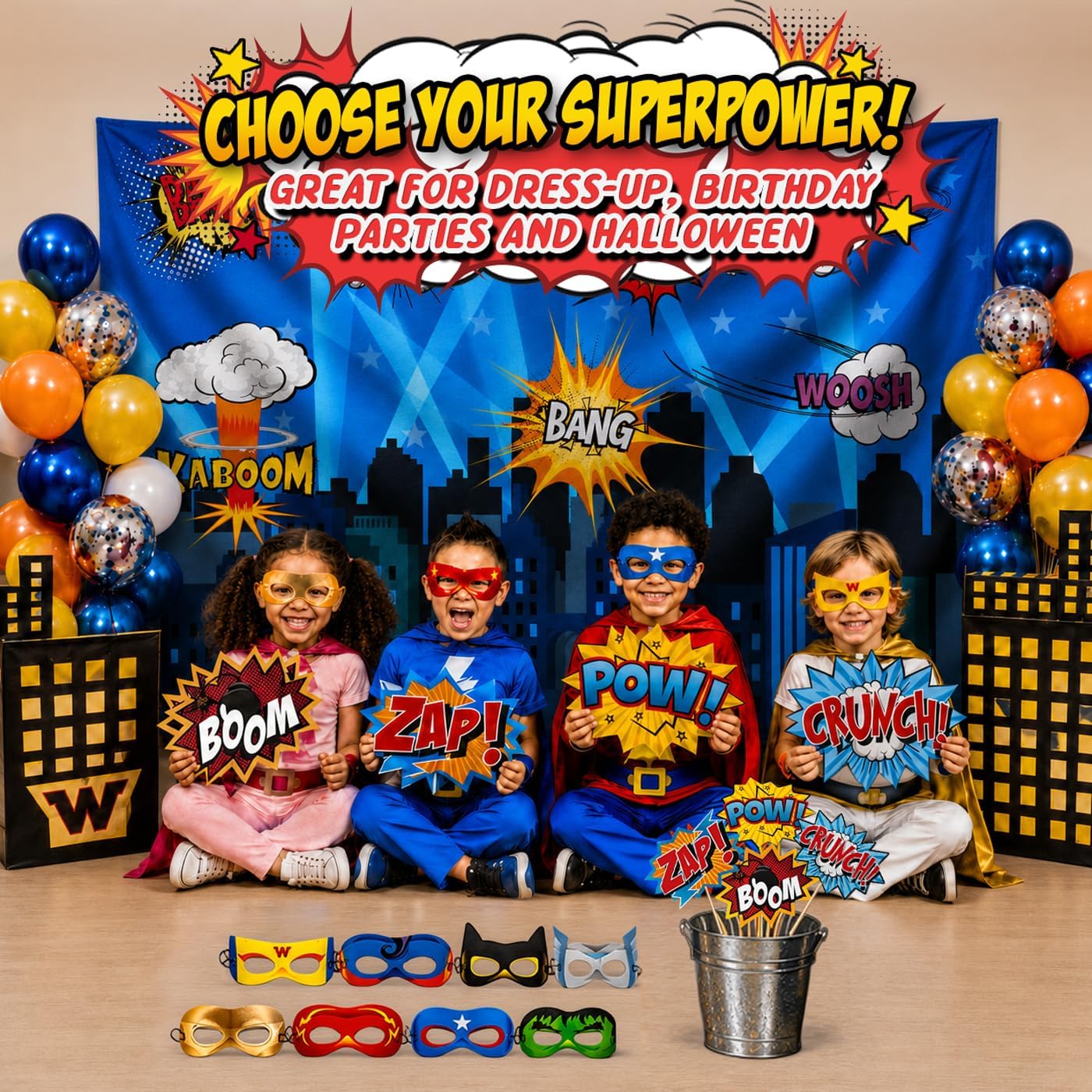 Superheroes Theme Party Photography Backdrop with Prop, Flag & Mask. Super Hero Cityscape Photo Booth Background for Kids Party, Birthday Wall Decorations image 2