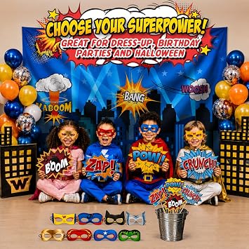 Superhero Cityscape Wall Decor Tapestry for Children Bedroom Living Room Home. Photography Backdrop, Prop, Flag & Mask Kit. As Super Hero City Photo Booth Background, Kids Birthday Party Decoration