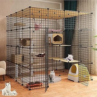 猫 ケージ 大型4段 DIYコンビネーション脱走防止 ペット，キャットケージ 大型組立簡単折りたたみドア付き猫用ケージ 多頭飼い幅約147×高さ約145cm梯子付き移動便利子猫が 取り外し可能 出入り便利 大きいスペース (L147xW147xH145cm黒)