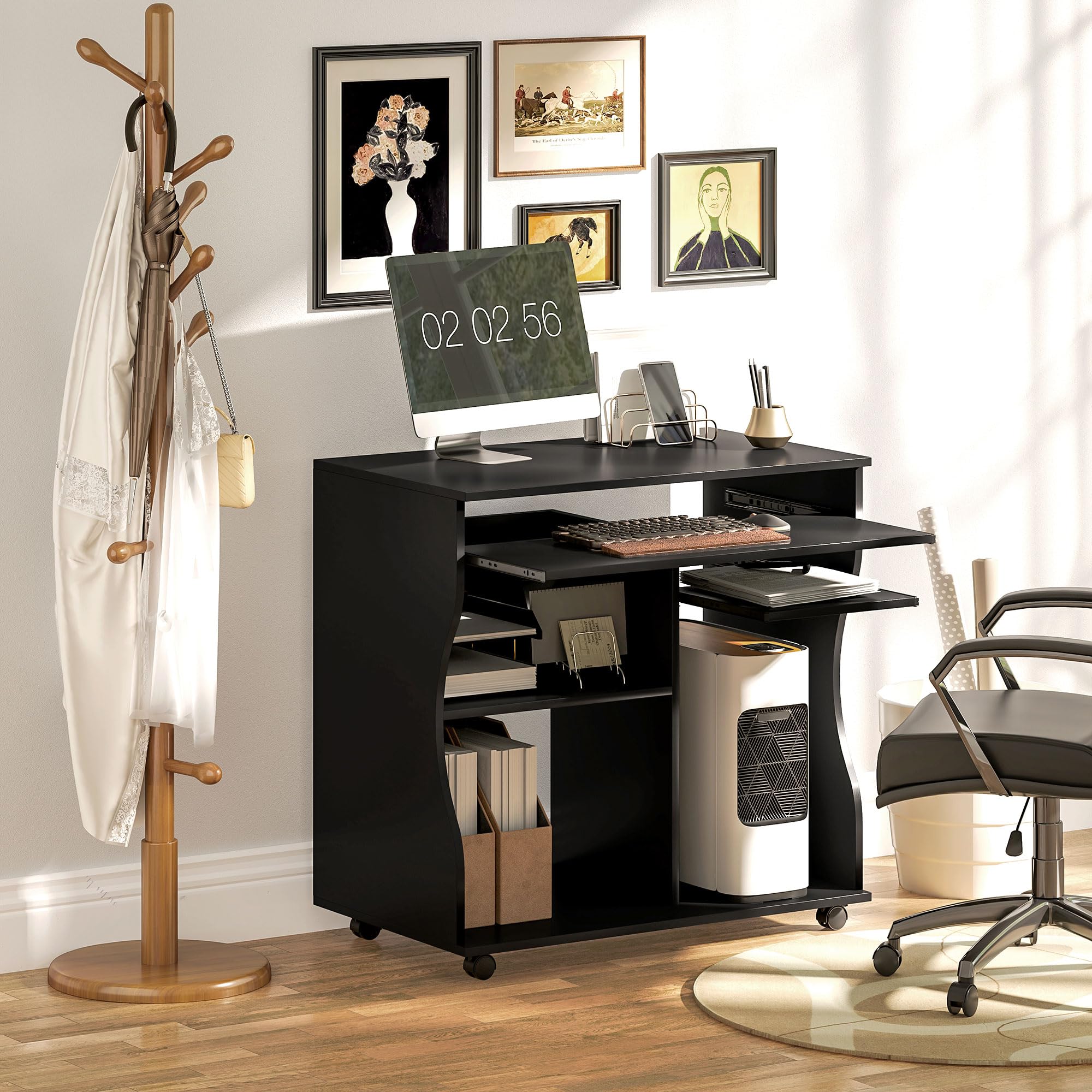 HOMCOM Computertisch Schreibtisch mit Rollen Bürotisch mit Tastaturablage, Ablage, PC Tisch Schwarz 80 x 48 x 75 cm