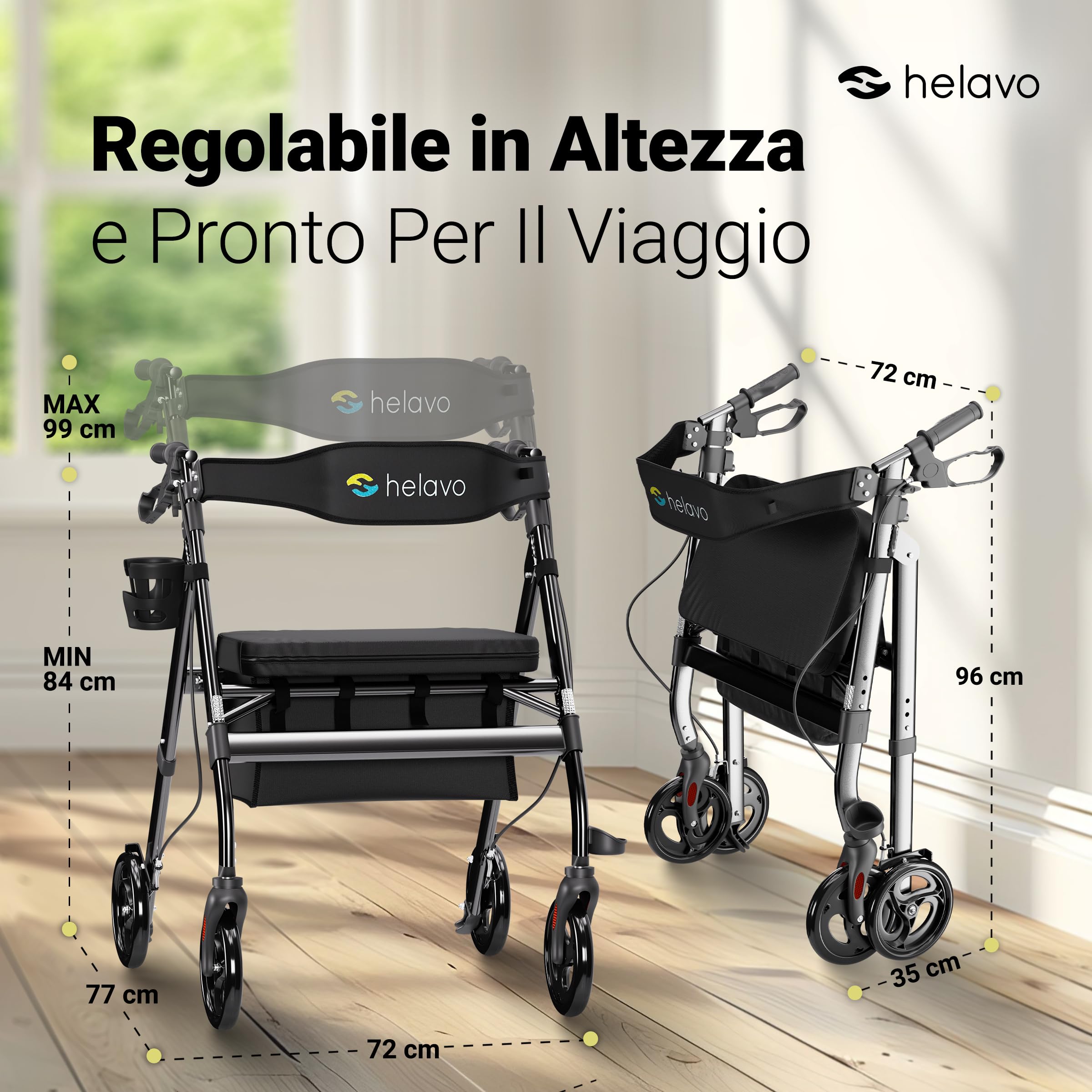 HELAVO deambulatore per anziani extra largo con ampio sedile regolabile in altezza - Rollator pieghevole per impieghi gravosi in alluminio - Capacità di carico fino a 226 kg