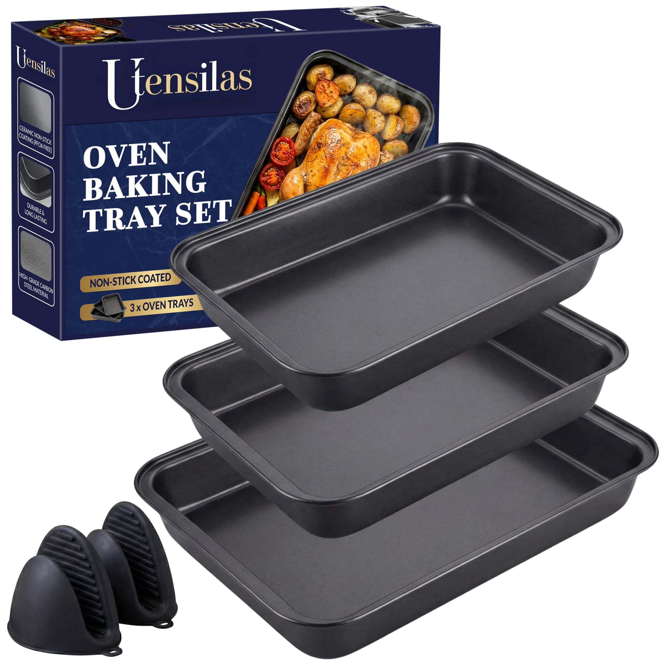 Utensilas Baking Trays for Oven Non Stick Roasting Tins- Carbon Steel Roasting Trays & Oven Tray (PFOA Free) Bakeware for Cookies, Cakes, Baking, Roasting– Pack of 3 with 2 Free Silicone Mitts