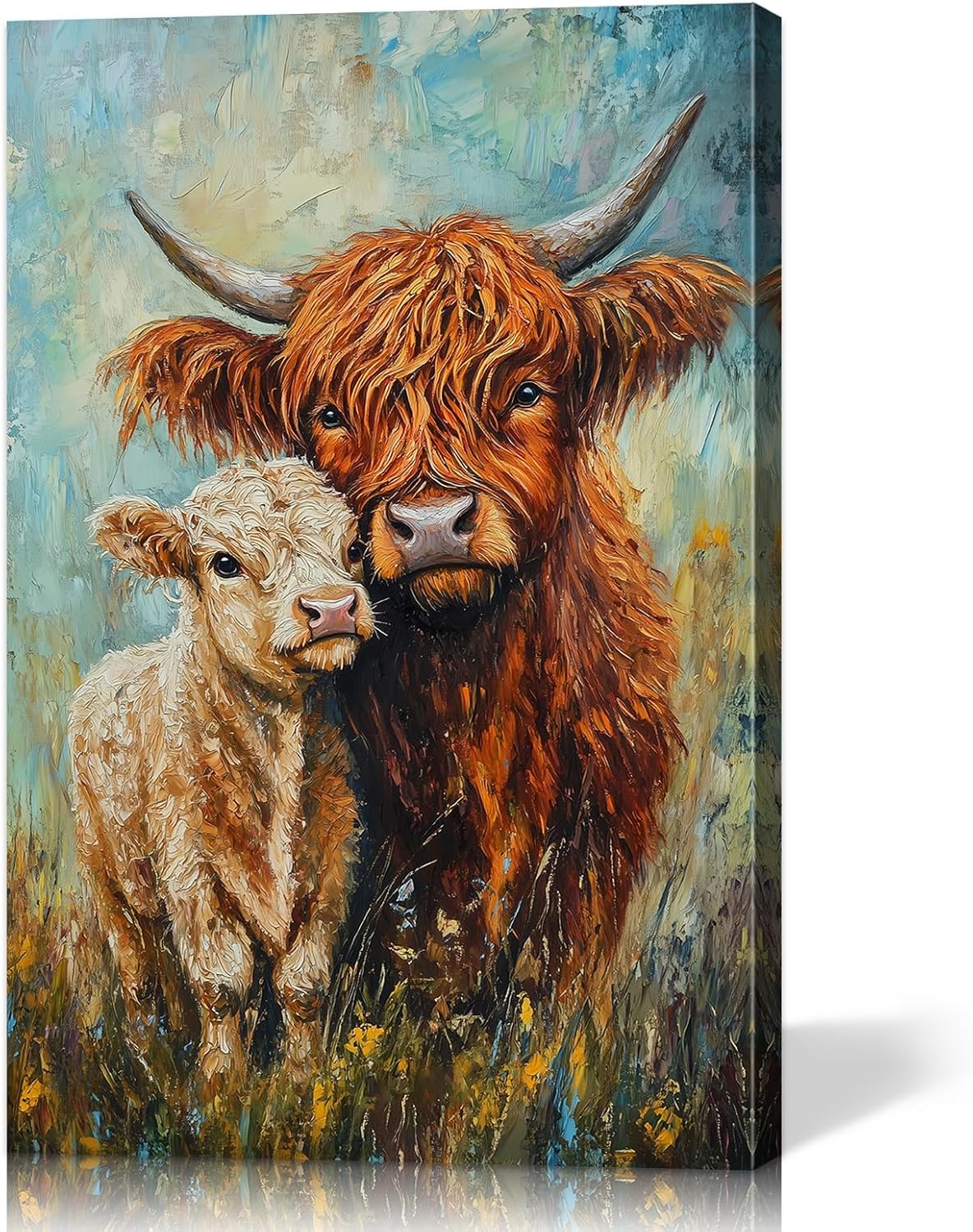 Mistyefly Funny Highland Cow Wall Art with Built-in Wooden Frame - Highland Cow Decor Animal Posters & Farmhouse Pictures Painting for Bedroom Living Room - Lightweight & Easy Hanging, 12x18 Inches