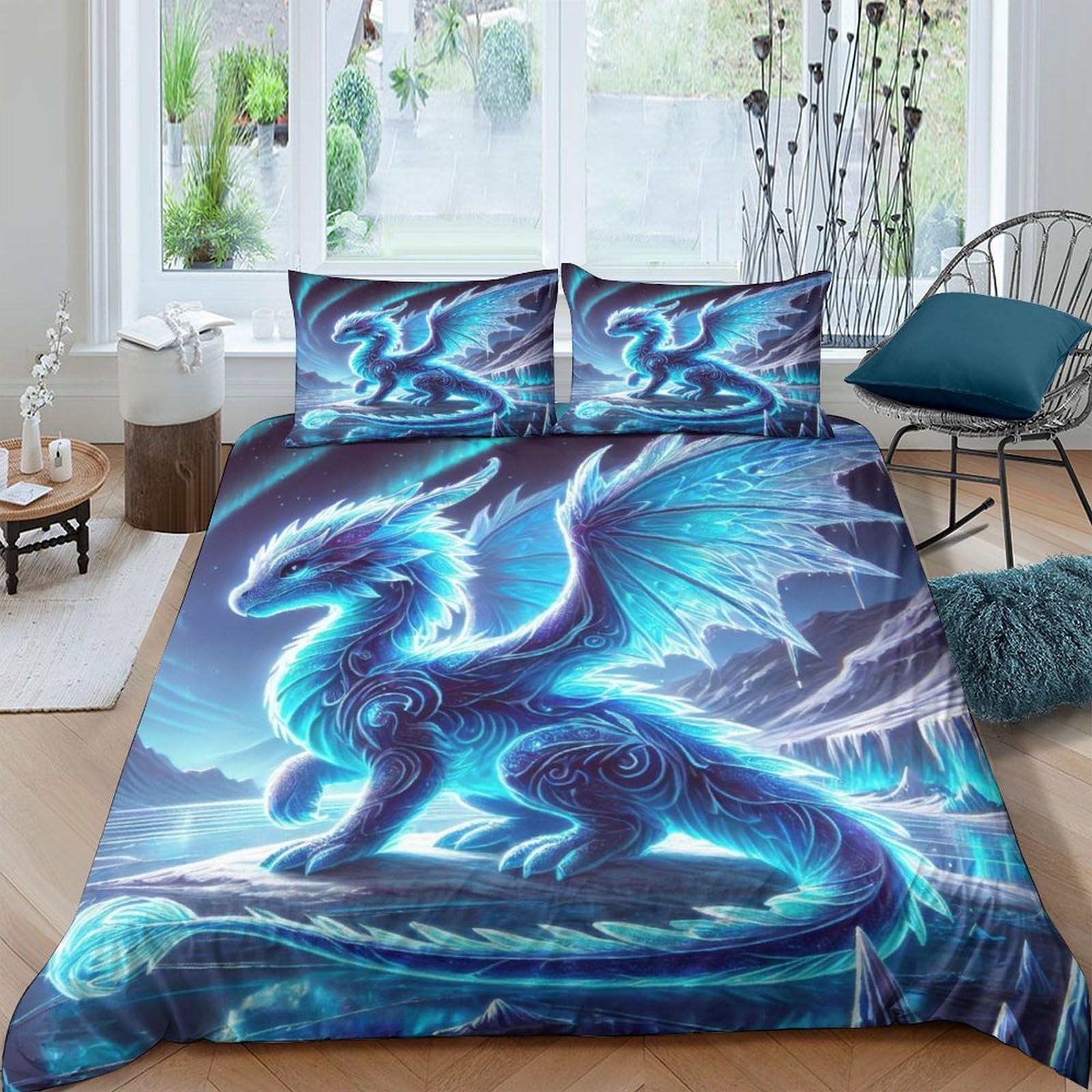 QPIRINMEX Flying Dragon Bed Duvet Set 3D Printed Pattern Duvet Cover Set Bedspread, for Kids Girls Boys Adults Bedroom Double（200x200cm）