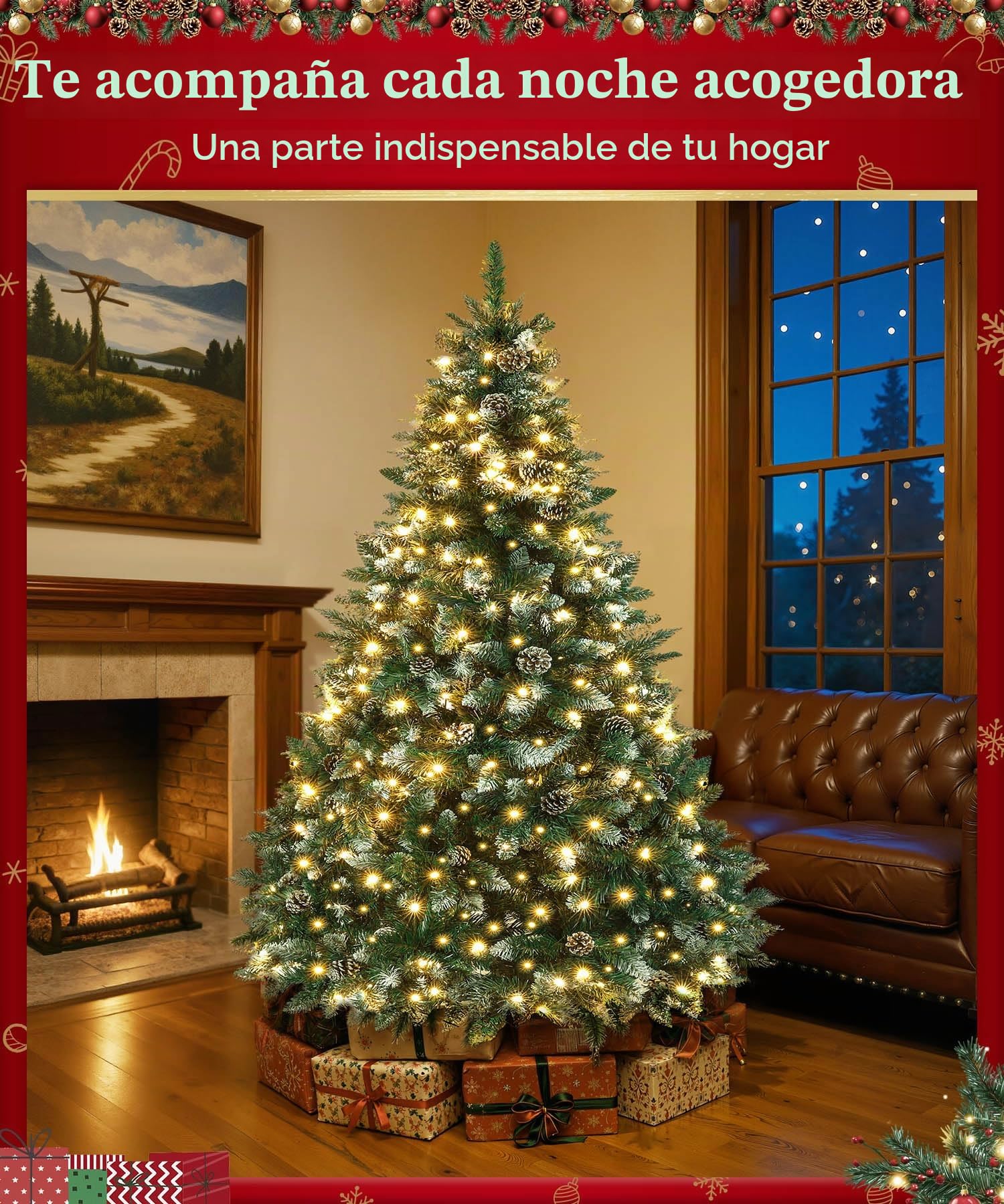 Yorbay árbol de Navidad Artificial con iluminación y Nieve Blanca, árbol de Navidad LED para decoración navideña con piñas Reales, Resistente al Fuego (180 cm)