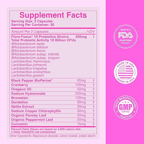 Miniatura 5 de Probióticos vaginales y equilibrio de pH  Suplemento probiótico Flora-Focus de 10 cepas + mezcla botánica de Urosync, alivio del olor y la picazón,
