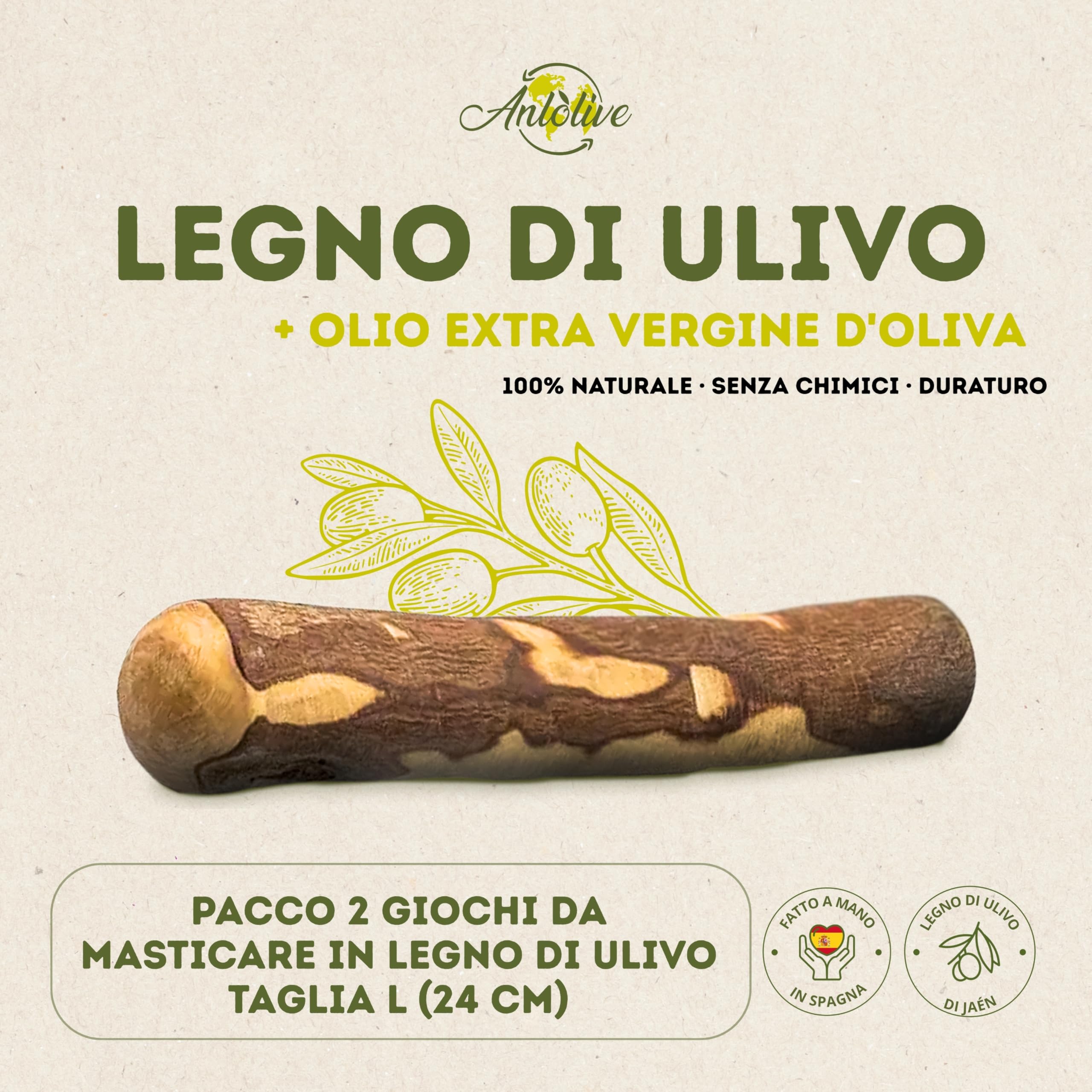 Set 2 Giochi da Masticare Naturali Taglia L 20-23 cm Legno d'Ulivo per Cani Medi e Grandi