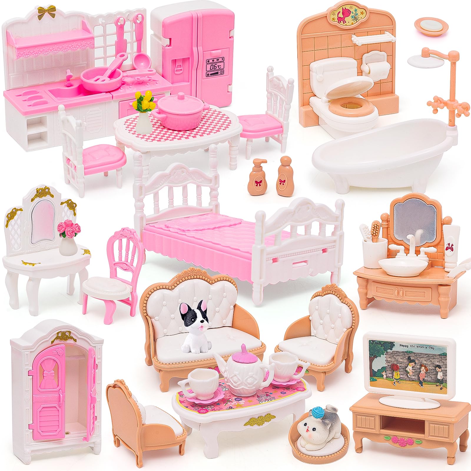 Casa de muñecas Mini muebles de 45 piezas de muebles de casa de muñecas, accesorios de juego de simulación, dormitorio, sala de estar, baño, cocina para niños, cumpleaños y Navidad, colores
