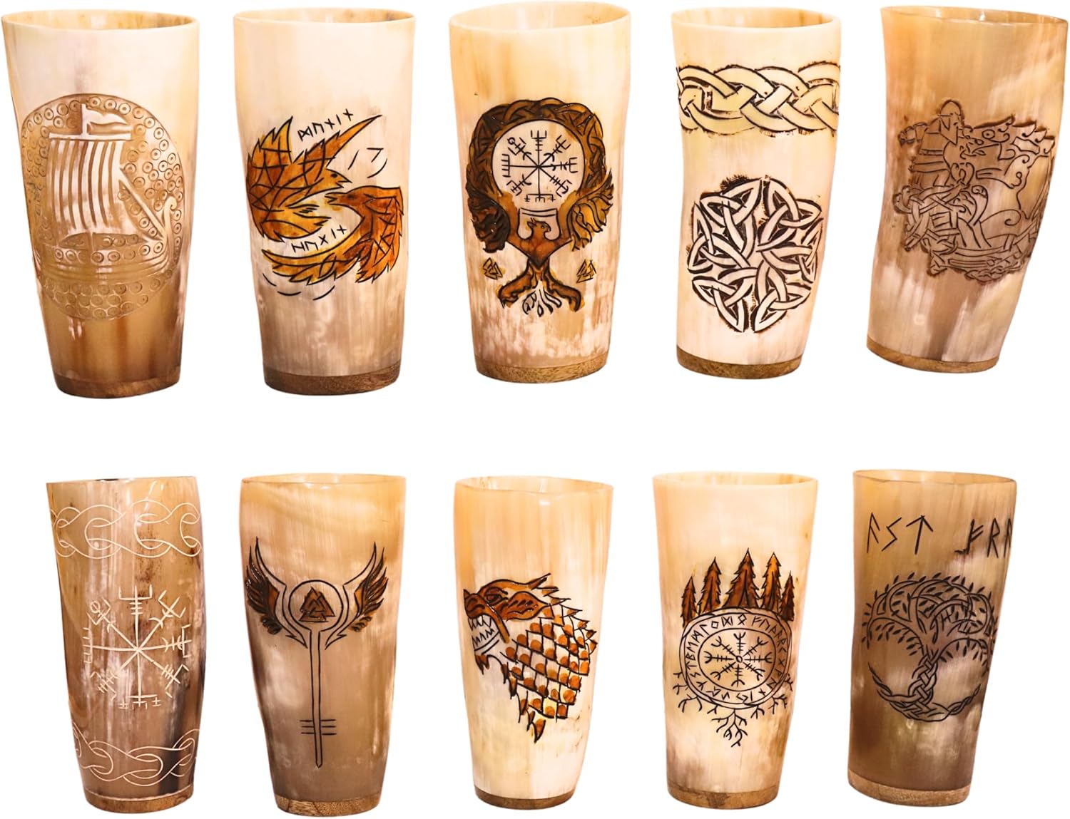 Viking Nordic Drinking Horn Cup Set | 10 Piece Collection of Genuine Ox Horn Tankards for Mead, Ale, and Beer (10 14 oz Capacity per Cup) Handcrafted with Unique Designs
