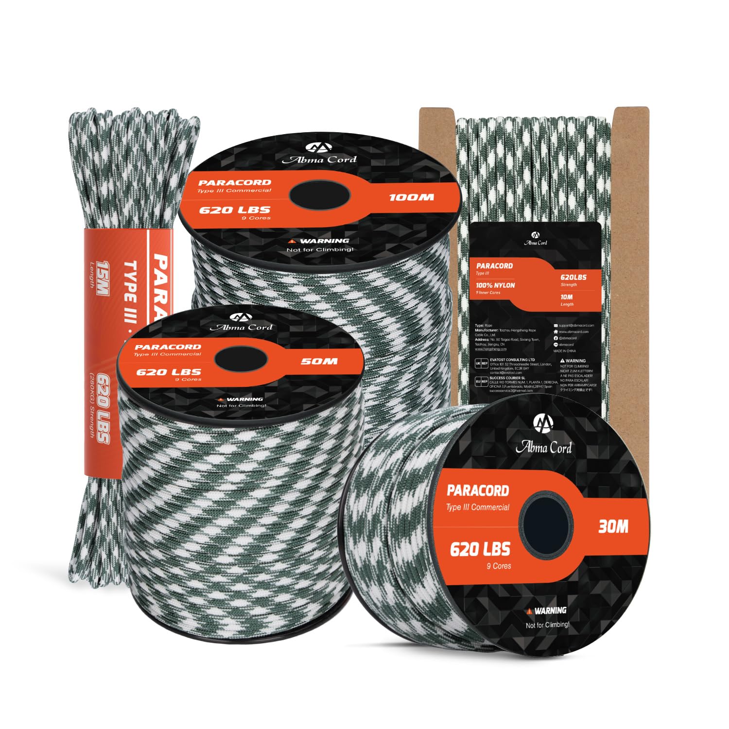 Abma Cord Paracord 4mm 10m 100% Nylon Rope 9 Strands Type III Parachute Cord for DIY, Camping, Survival, Outdoor - Max. 280kg - Shamrock Frost