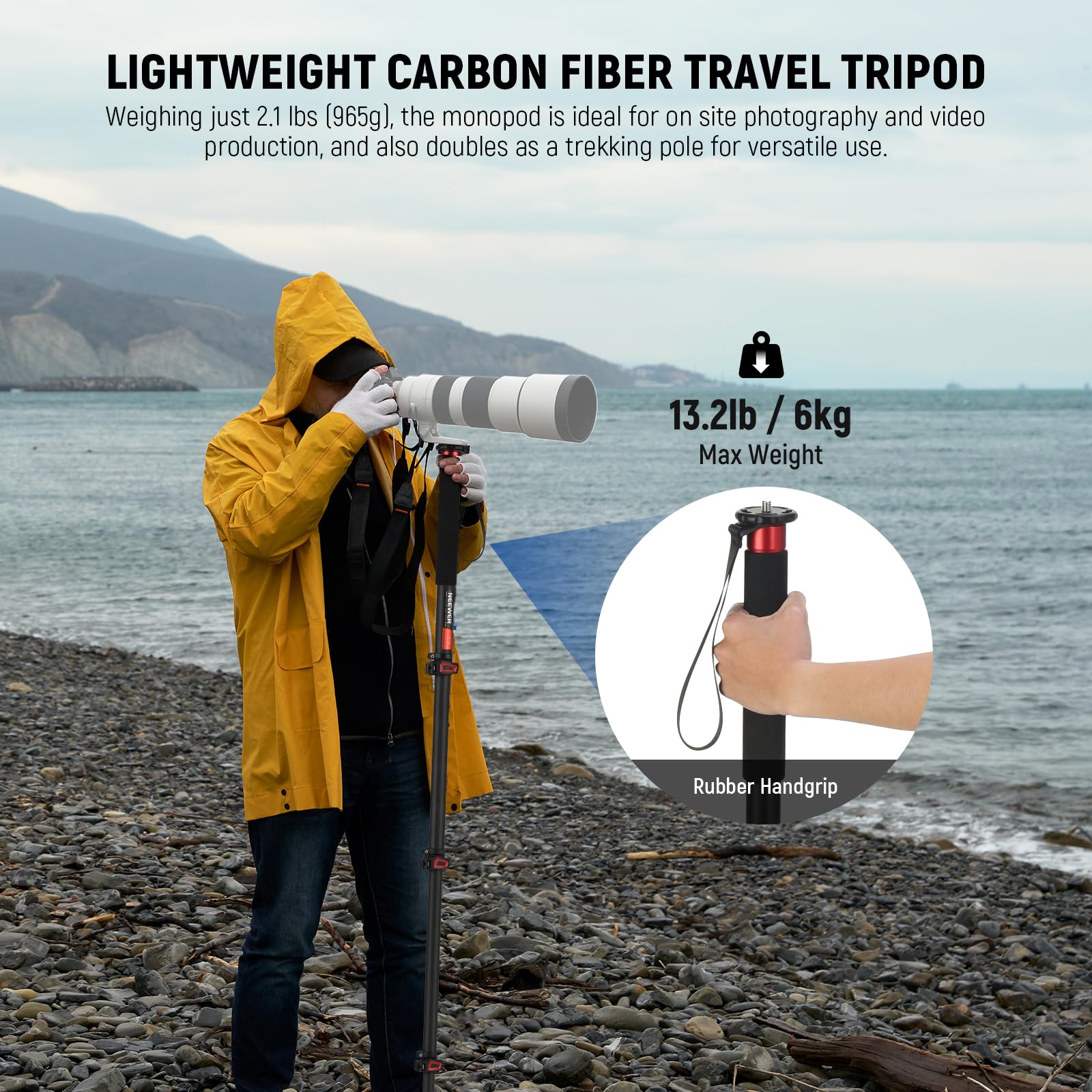 NEEWER 172cm Monopiede Fotocamera, Treppiede da Viaggio Leggero in Fibra Carbonio con Base Staccabile per DSLR Videocamera Riprese Video, Bastone Telescopico per Selfie Trekking, Max 6kg, TP71