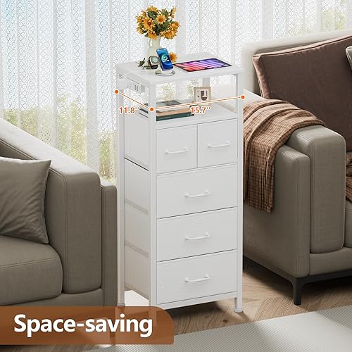 Miniatura 5 de Furnulem Mesita de noche alta con 5 cajones de tela, cómoda blanca para dormitorio con luces LED y estación de carga, mesita de noche vertical para