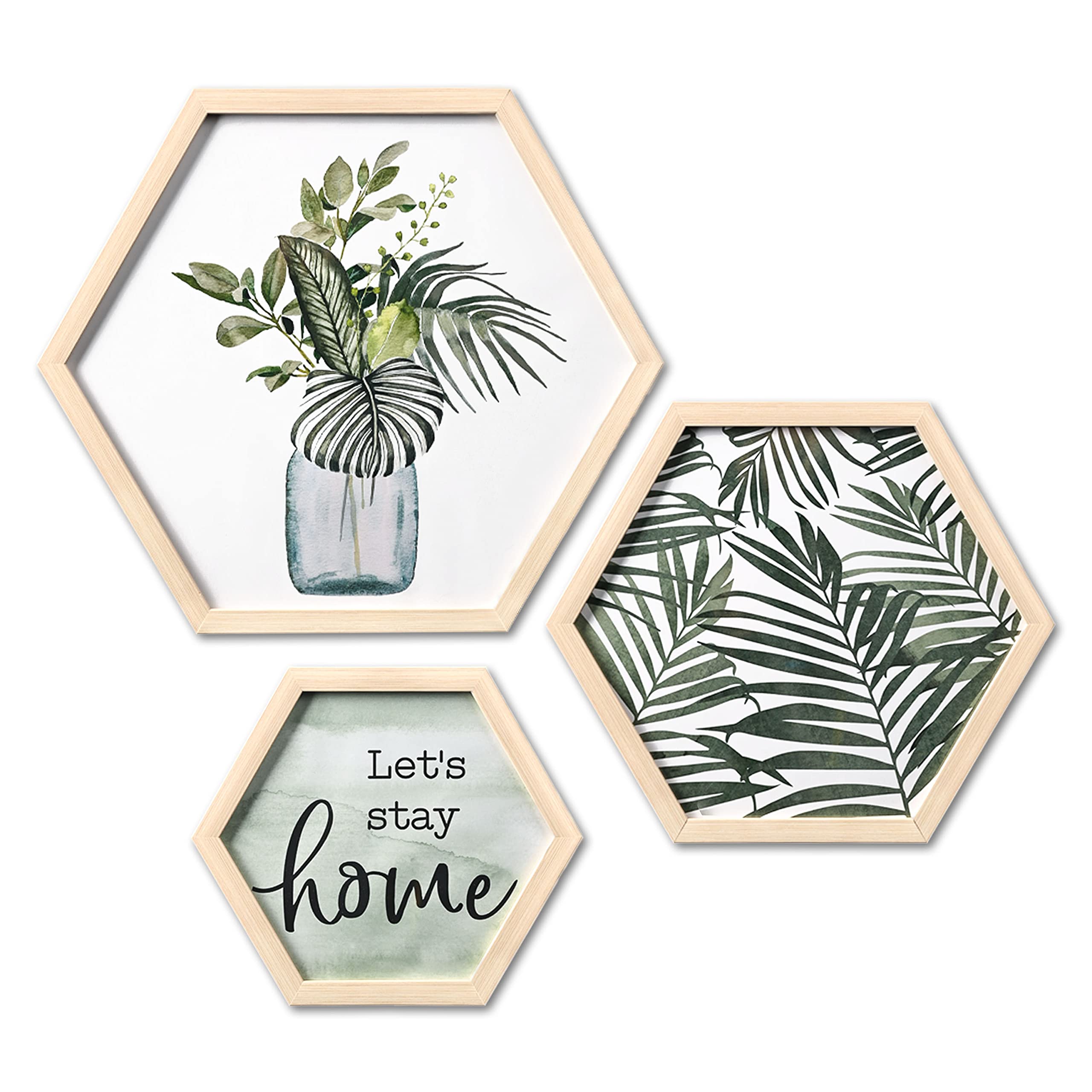 ArtbyHannah Framed Botanical Wall Art, Green Plant Leaf Hexagon Gallery Wall Decor with Artistic Prints for Home Decoration, Natural Frames, Multi Size, 3 Pack