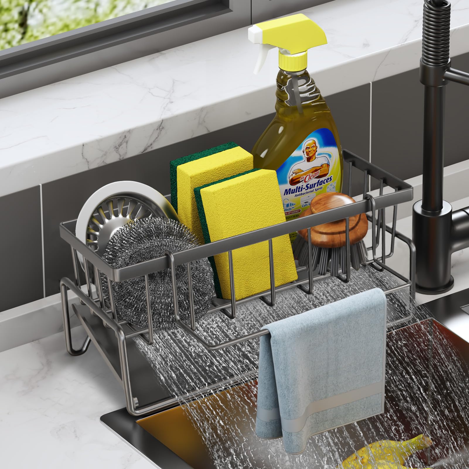 Kitchen Sink Caddy Sponge Holder for Kitchen Soap Dish Holder for Countertop with Dishcloth Hanger Drying Rack Rustproof