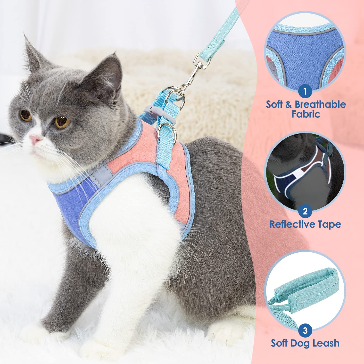 Eyein Cat Harness and Lead Set for Walking Adjustable Soft Sturdy Faux Suede Escape Proof Kitten Vest Harness and leash with Reflective Strip for Large Medium Small Cats(L) - Image 4