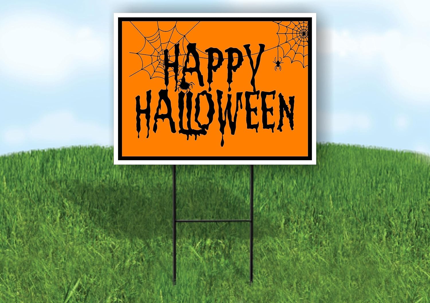 HAPPY HALLOWEEN ORANGE SPIDERS - Double Sided Yard Sign ROAD SIGN with Stand