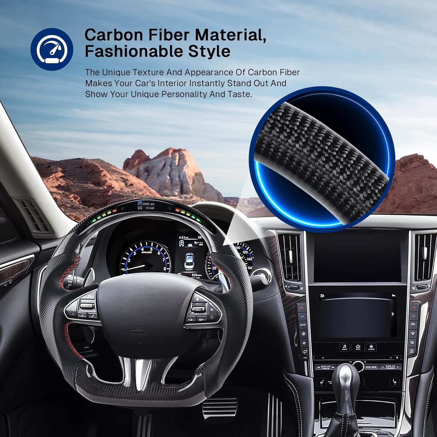 Real Carbon Fiber Steering Wheel For Infiniti Q50 With LED Shift Indicator D-shaped Nappa Perforated Leather Flat-bottom Steering Wheel For Infiniti Q50 2014-2017