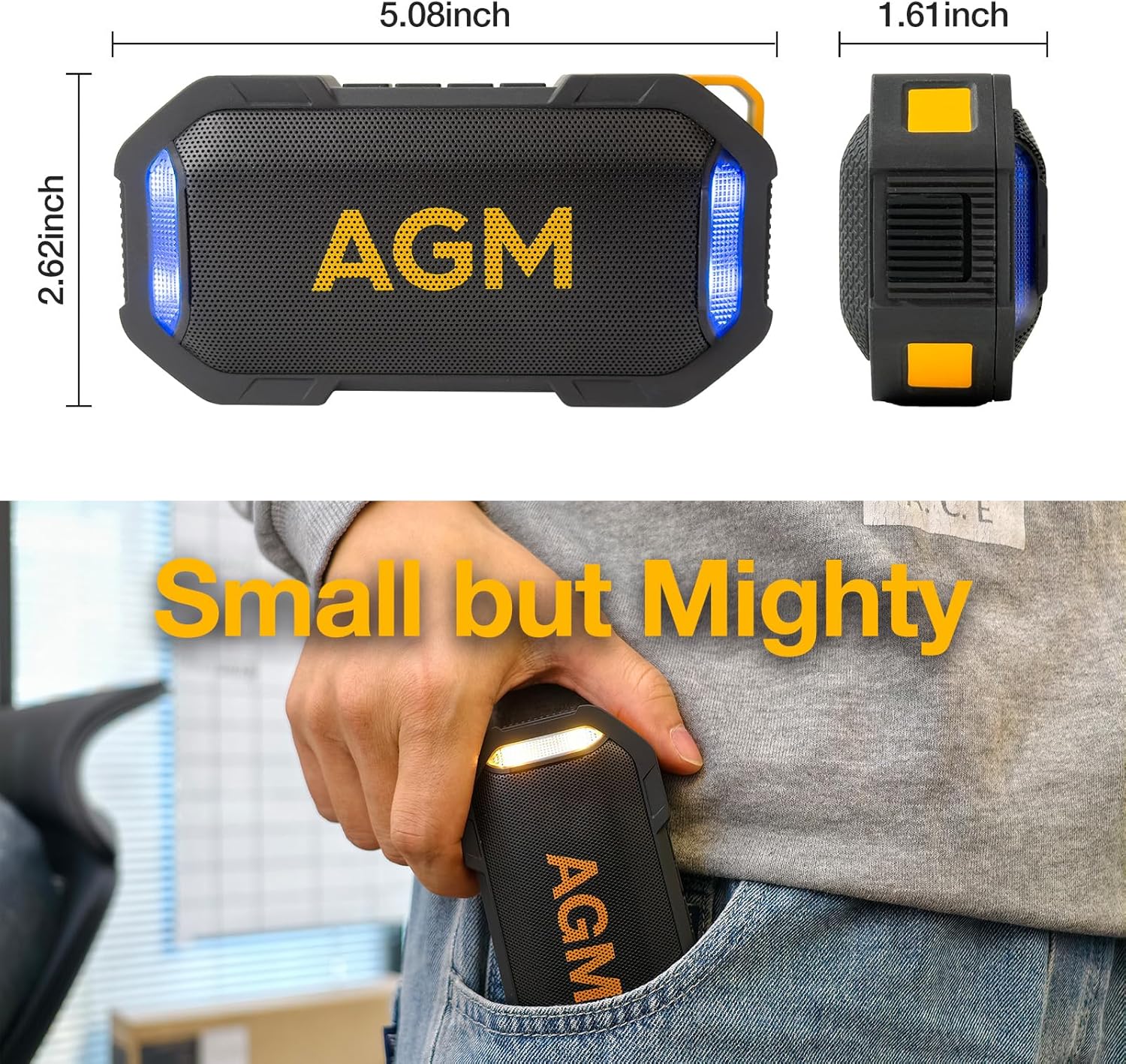 AGM MagROCK Portable Bluetooth Speaker, IP67 Waterproof, Drop-proof&Dust-proof, Bluetooth 5.3 Outdoor Speakers, Powerful Stereo Sound with Boosted Volume, Vibrant RGB Light, Magnetic Attachment Design