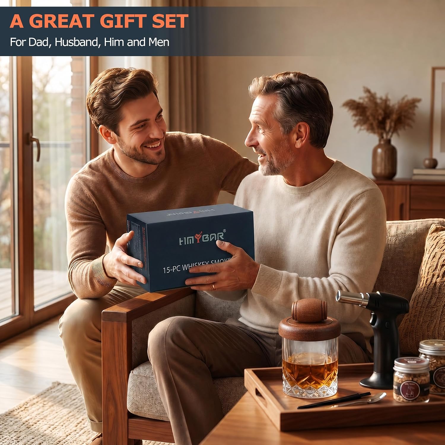 HMYBAR® Whiskey Smoker Kit with Barrel Smoker, 15-Piece Cocktail Smoker Kit with 6 Wood Chip Flavors, Old Fashioned Drink Smoker Kit, Bourbon Whiskey Gifts for Men, Dad, Husband (No Butane)