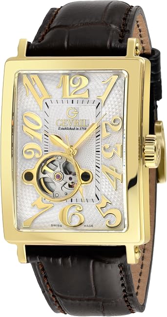Gevril Mens Avenue of America Intravedere Swiss Automatic Watch, Genuine Handmade Leather Strap