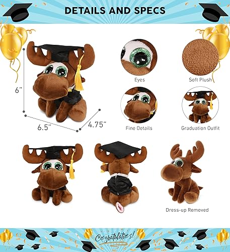Miniatura 3 de DolliBu Sparkle Eyes Alce - Peluche de graduación de alce, vestido de peluche de graduación súper suave y gorra con traje de borla con
