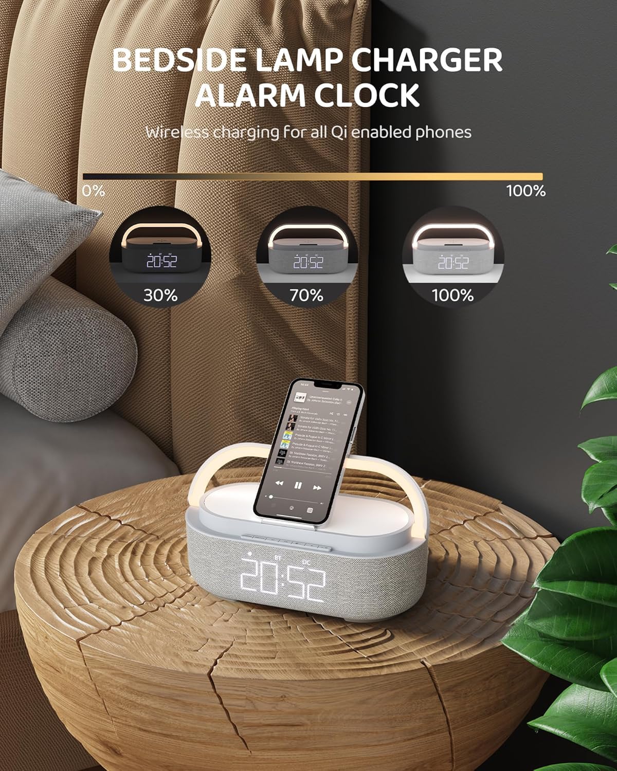 Reloj despertador de radio digital, altavoz Bluetooth, reloj despertador al lado de la cama, carga inalámbrica de 15 W, reloj despertador para dormir pesado, luz nocturna, radio FM, altavoces duales,