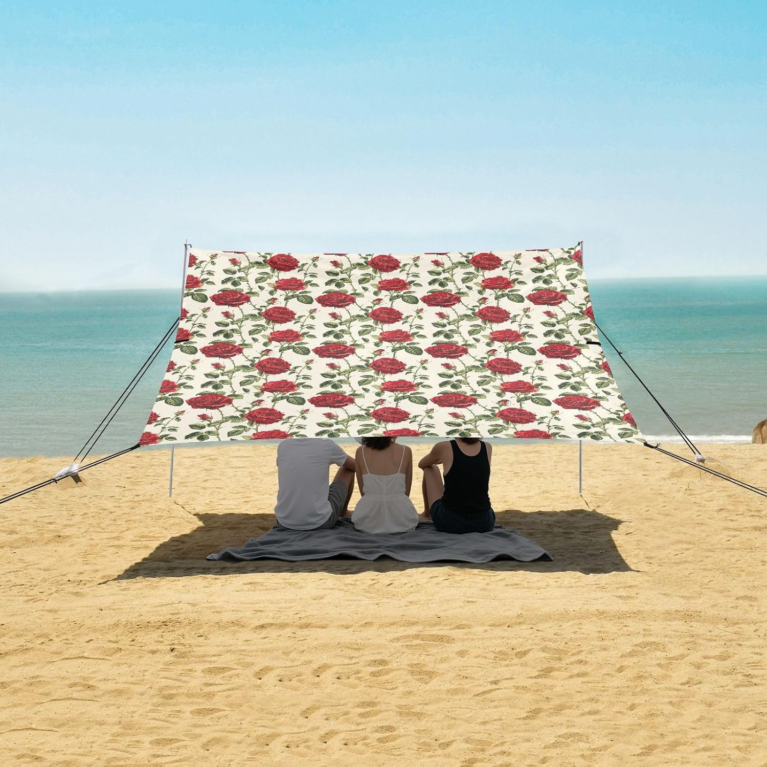 ALAZA Red Rose Flower Beach Tent Sun Shelter UPF50+ Protection Beach Shade Canopy w/ 4 Sandbags for Outdoor Camping, Fishing, Backyard Fun, Picnic, 10x9 ft