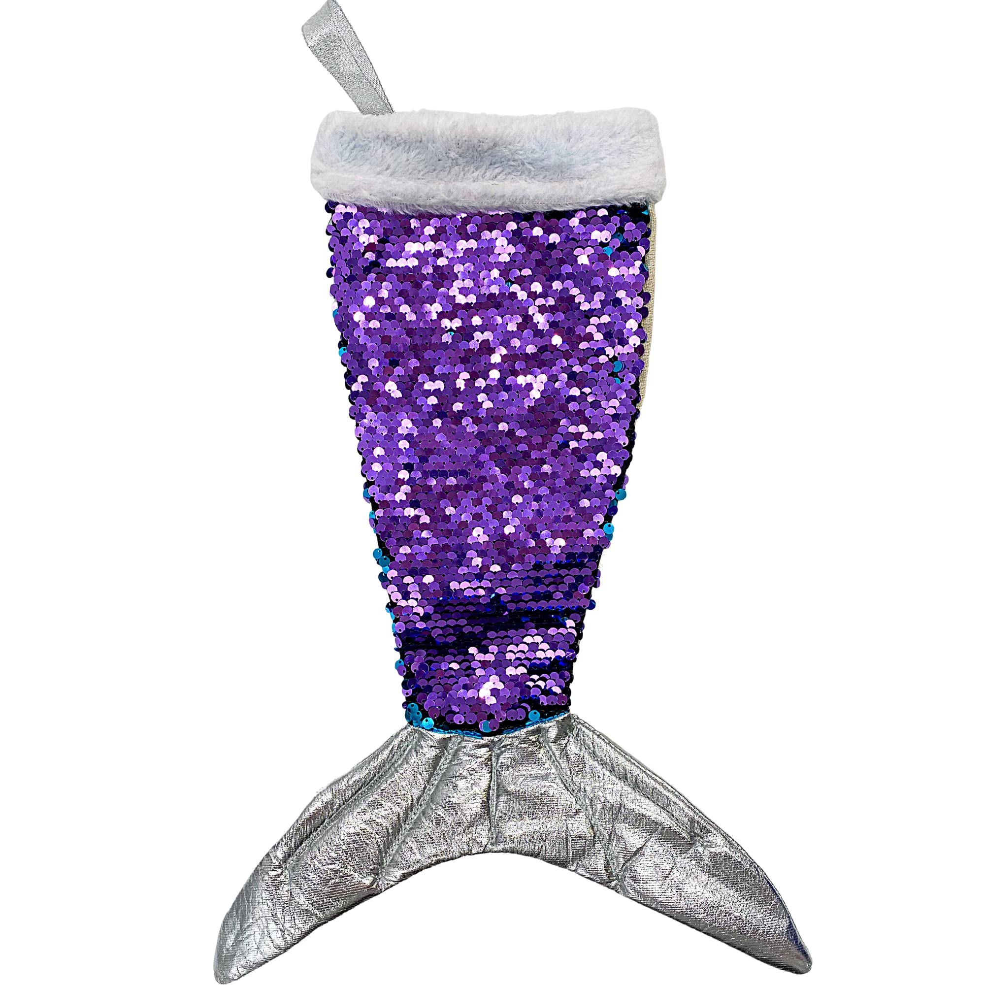 Needzo Blue and Purple Reversible Sequin Mermaid Tail Coastal Christmas Stocking, Sparkly Holiday Stockings with Faux Fur, 12 Inches