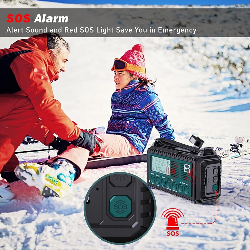 Radio de urgență DAB Mesqool 5000 mAh FM, cu încărcare solară și manivelă, lanternă, lampă de citit, baterie externă USB pentru camping și drumeții