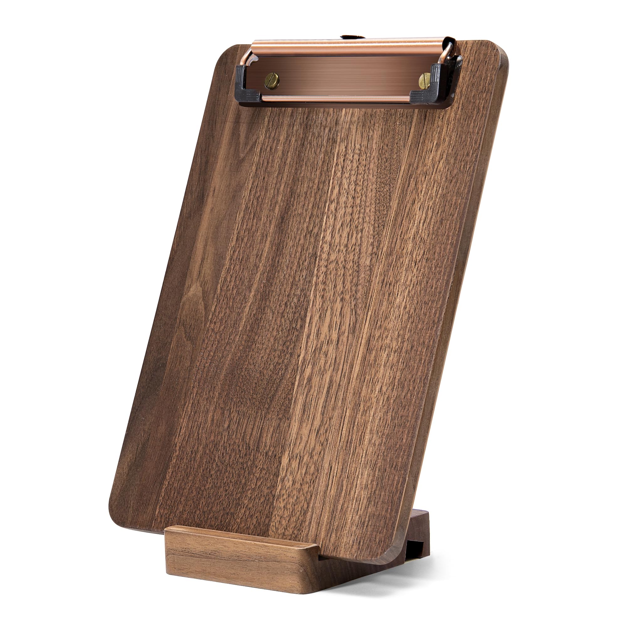 Walnut Wood Clipboard, 9" x 6.3" Small Menu Clip Board with Metal Clip and Stable Base, Solid Hardwood, Smooth Edges, Free Stand Holder for Bar,