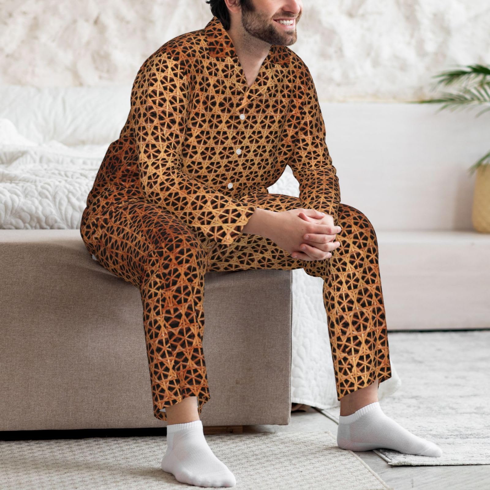Conjunto de pijama de manga larga para hombre, diseño de rejilla tejida de mimbre, conjunto de pijama de manga larga para hombre, ropa de descanso suave con bolsillos, color negro