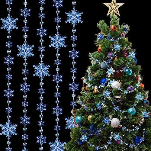 Lewtemi Guirnalda de copos de nieve de acrílico de Navidad de 32.8 pies, adorno de copo de nieve de Navidad, serpentinas para decoración de fiesta