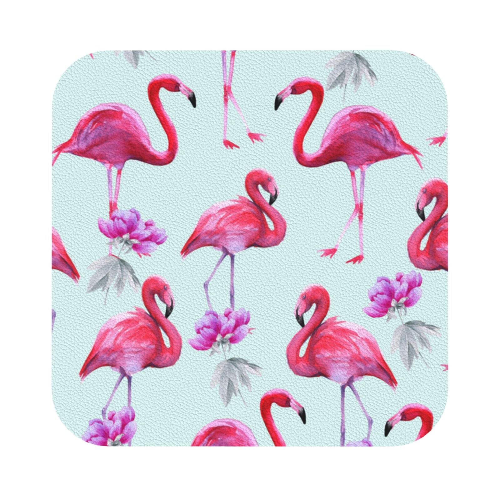 Kidinn Pink Drink Coasters Set Of 6 Flamingos Print Leather Coasters Set,Home Kitchen Use Housewarming Gifts