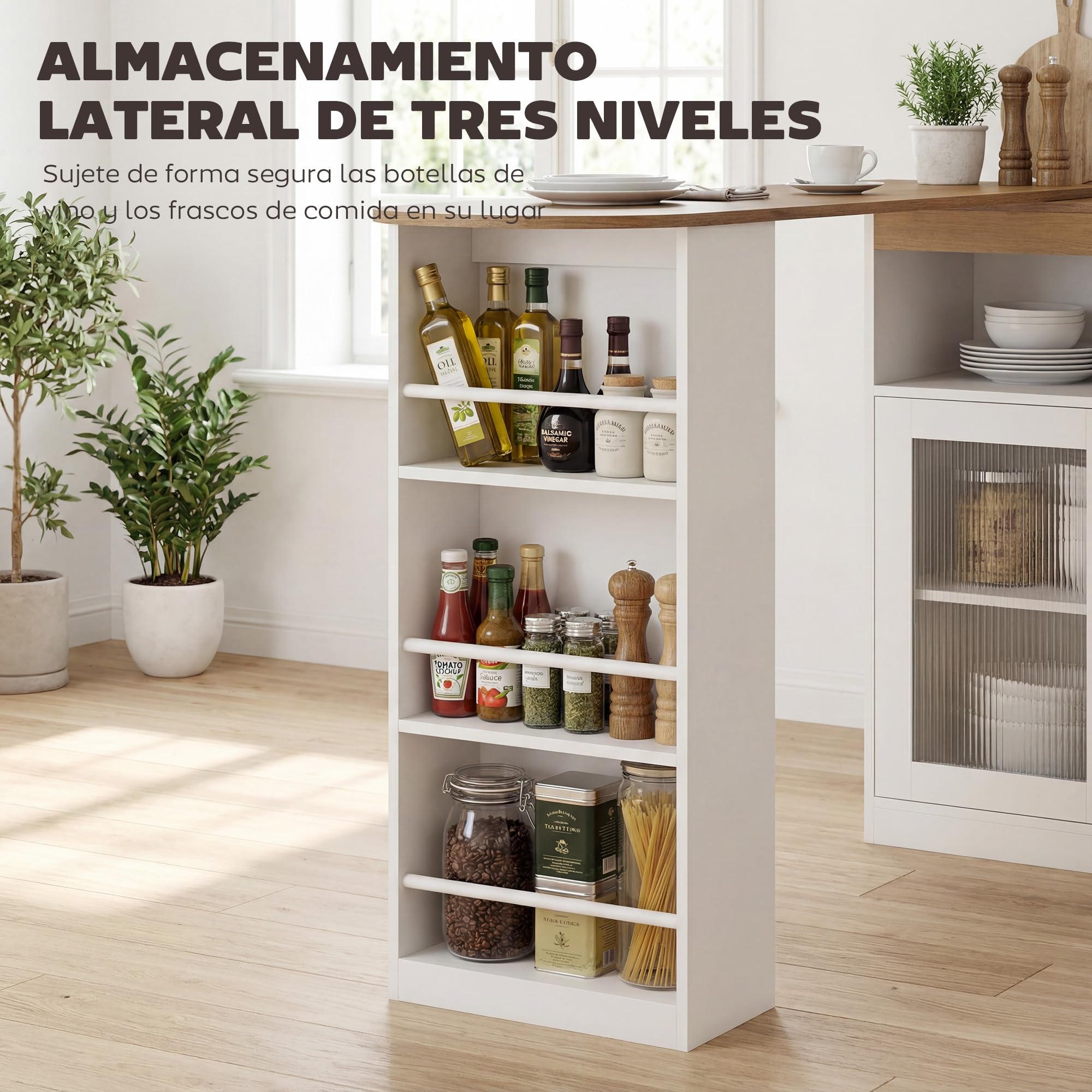 HOMCOM Mesa de Bar Extensible y Giratoria 90°, Mesa Alta Cocina con Estantes Abiertos y 2 Puertas de Vidrio para Comedor, 150x80x105,5 cm, Blanco y Natural