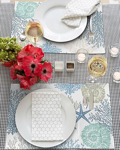 Miniatura 9 de Juego de 6 manteles individuales de playa de verano para mesa de comedor, manteles individuales tejidos náuticos costeros con bolsillo para vajilla,