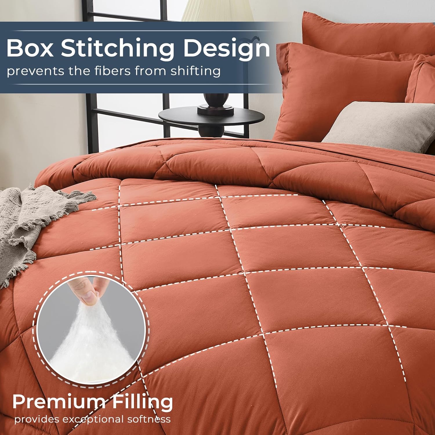 HEVUMYI Burnt Orange Full Comforter Set - 7-Piece All Season Bed in a Bag Full, Ultra Soft Bedding Set with Comforter, Flat Sheet, Fitted Sheet, Pillowcases, Pillow Shams - Image 4