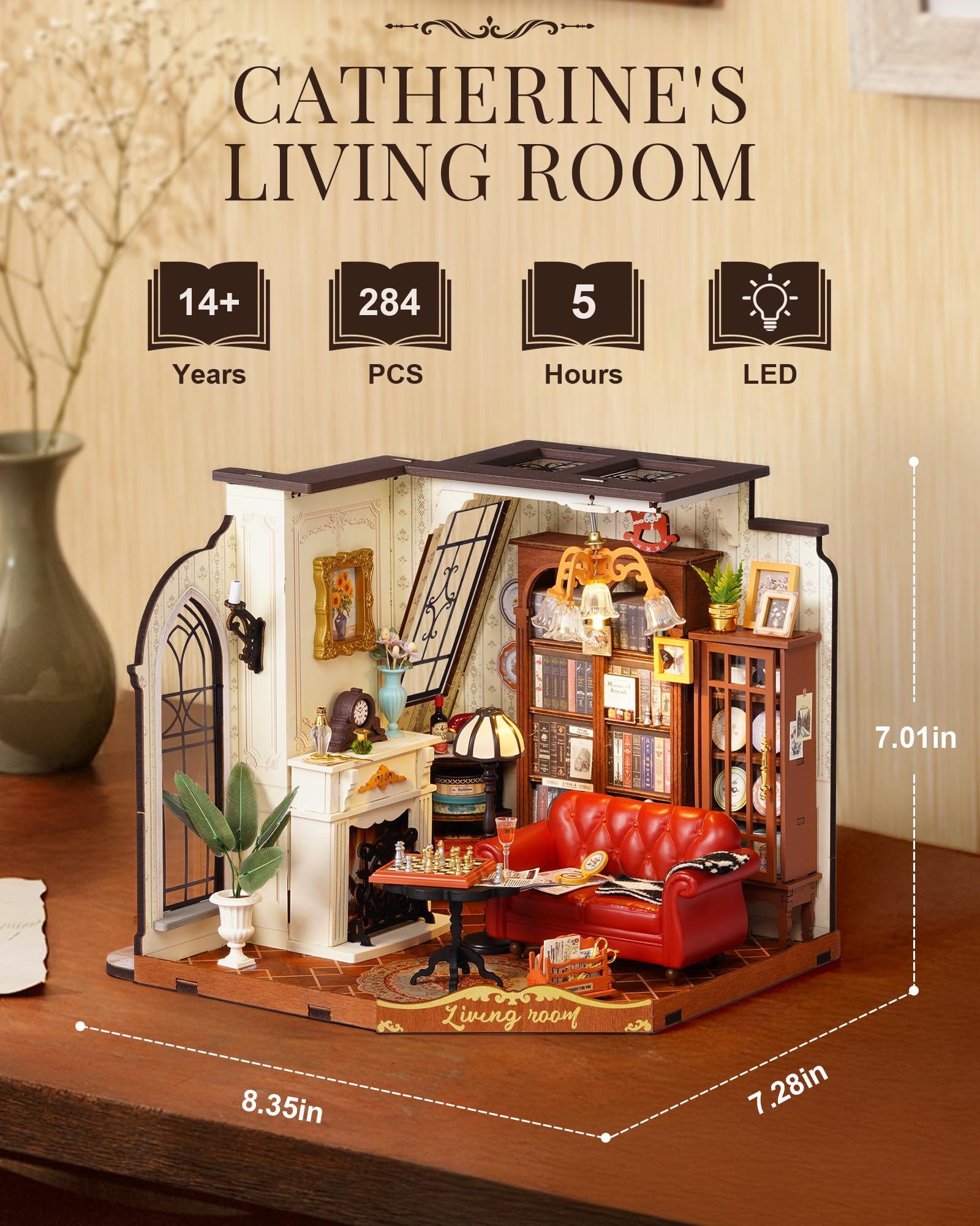 Rolife DIY Miniature House Kit for Adults, Mini Wooden Dollhouse Kit, Tiny House Diorama Building Kits-Birthday Christmas Craft Hobbies Gift for Teens Kids (Catherine's Living Room)