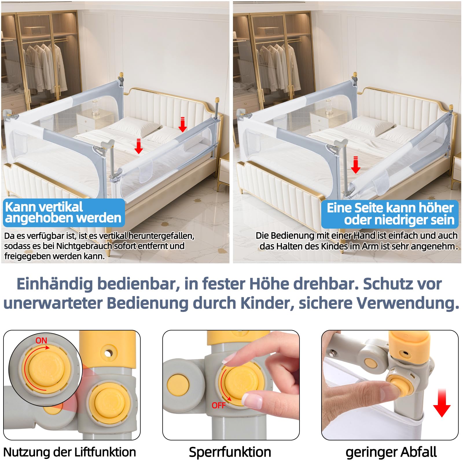 OUUTMEE Barrera de seguridad para cama de 200 cm, plegable, 30 alturas, altura regulable, diseño de bloques de color gris y blanco