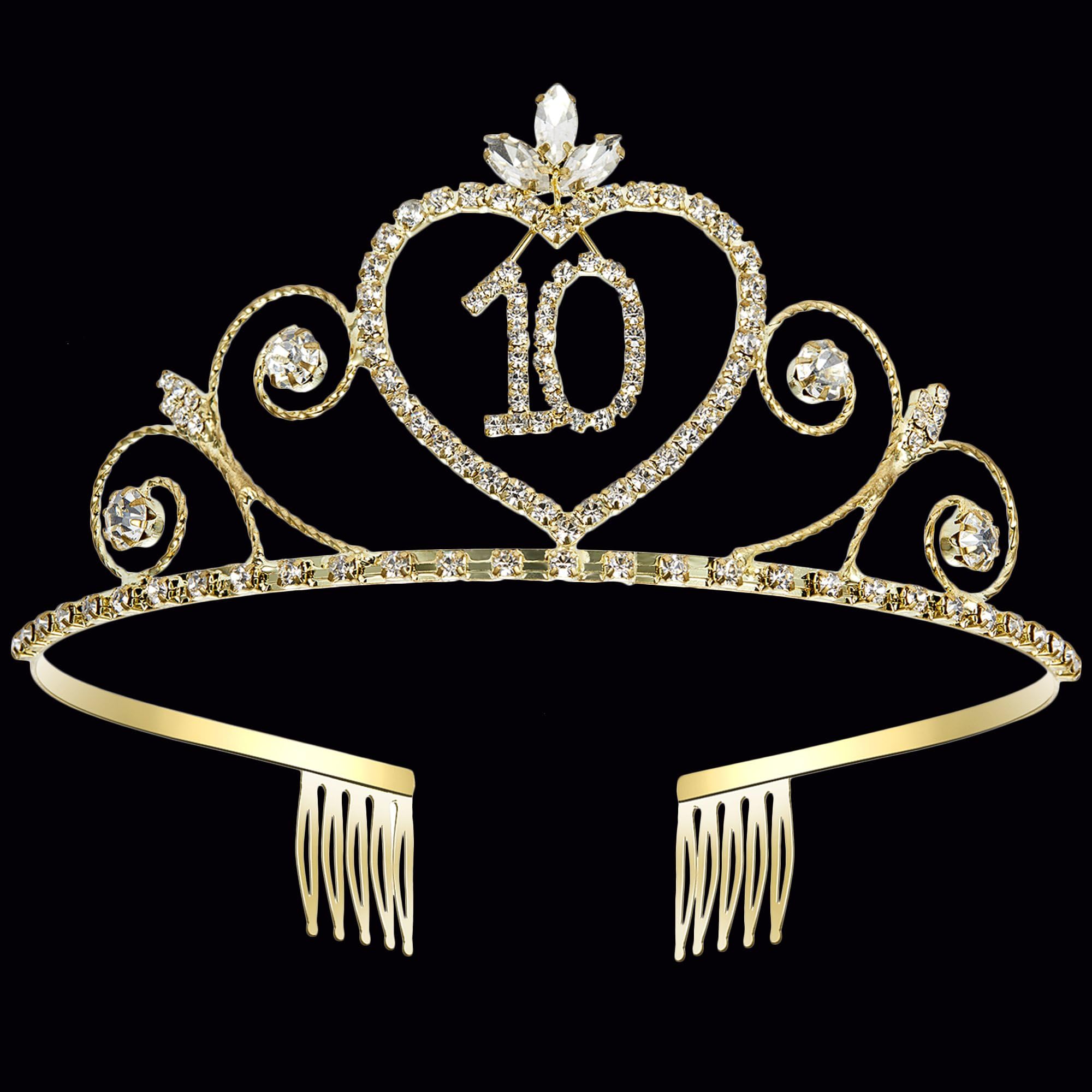Coucoland 10th Crystal Birthday Crown Tiara 10th Rhinestone Princess Birthday Crown Headband Gold 10th Happy Birthday Party Crown Tiara