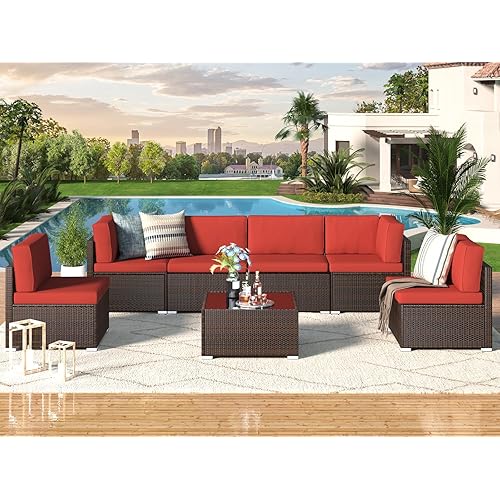 U-MAX Outdoor Sectional Furniture Chair Set with Cushions and Coffee Table,Patio PE Rattan Wicker Sofa, 7 Piece