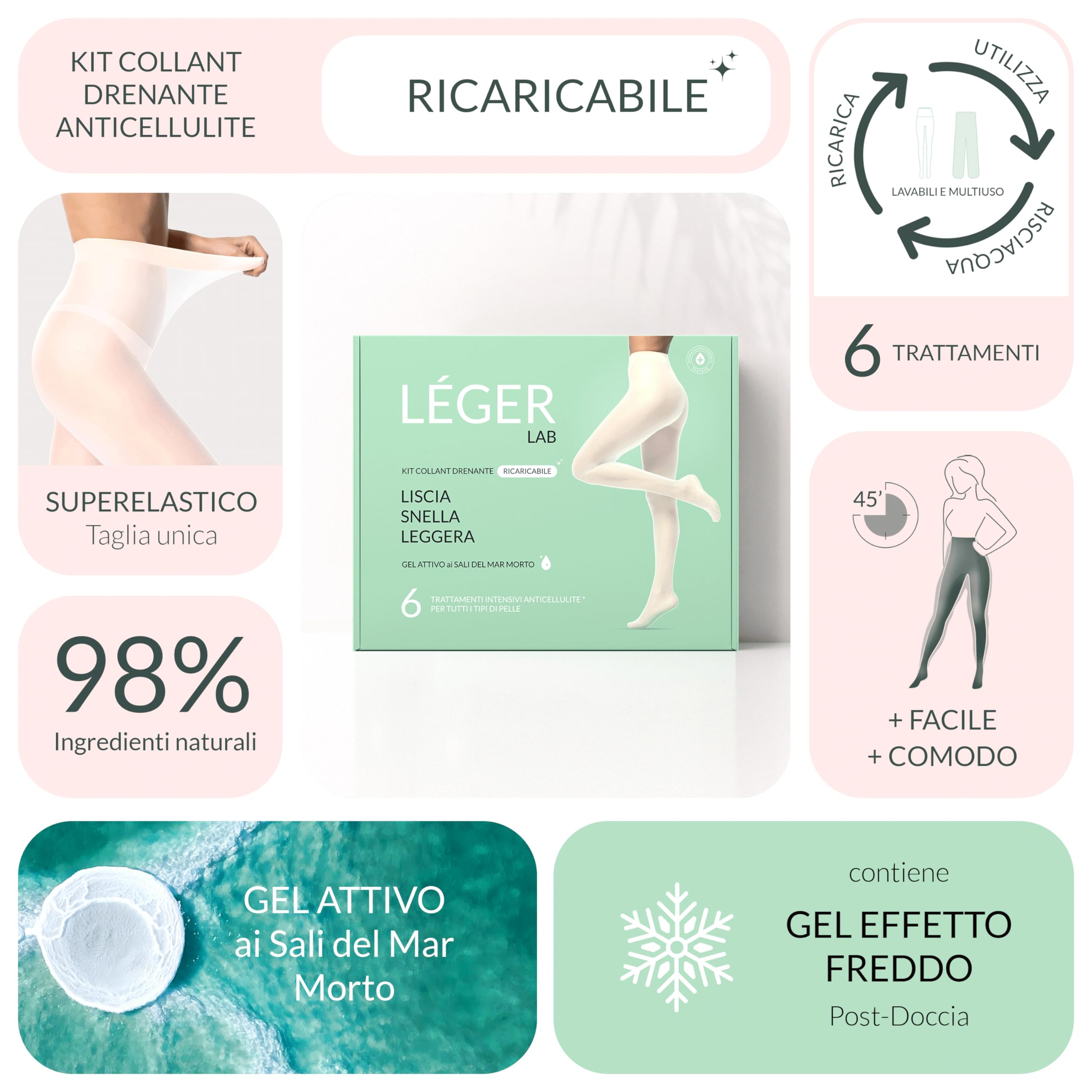 Collant Bende Drenanti Anticellulite Ricaricabili 6 Trattamenti | Migliori dei bendaggi | Gel ai Sali del Mar Morto | Leggings Snellente e Drenante Gambe 98% ingredienti naturali | LÉGER LAB