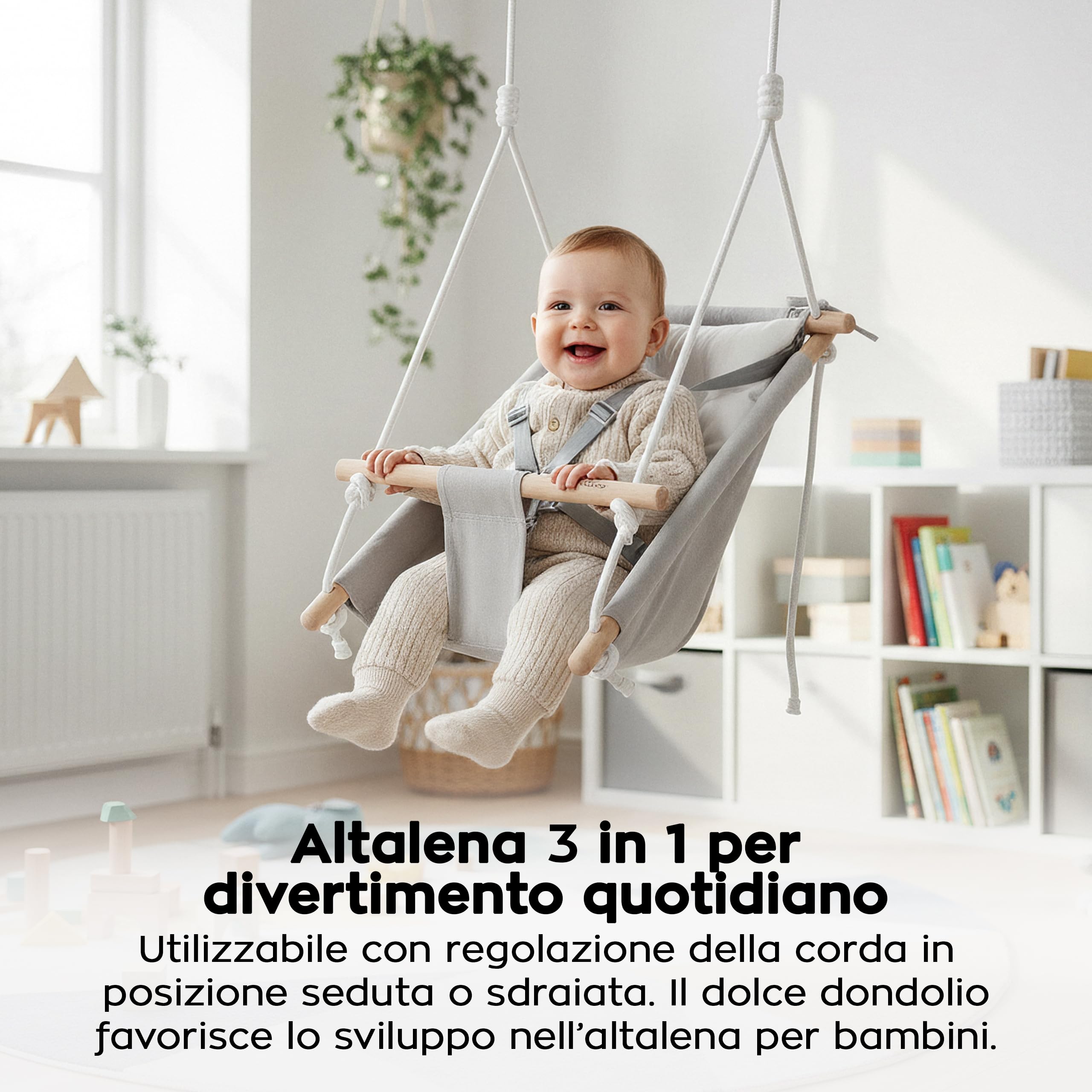 Tulano Hop 40 Altalena per bambini 3in1 - Altalena sospesa e seggiolino in cotone e legno - Dai 6 mesi - Imbottitura sicura - Portata 60 kg - Per interno ed esterno - Grigio