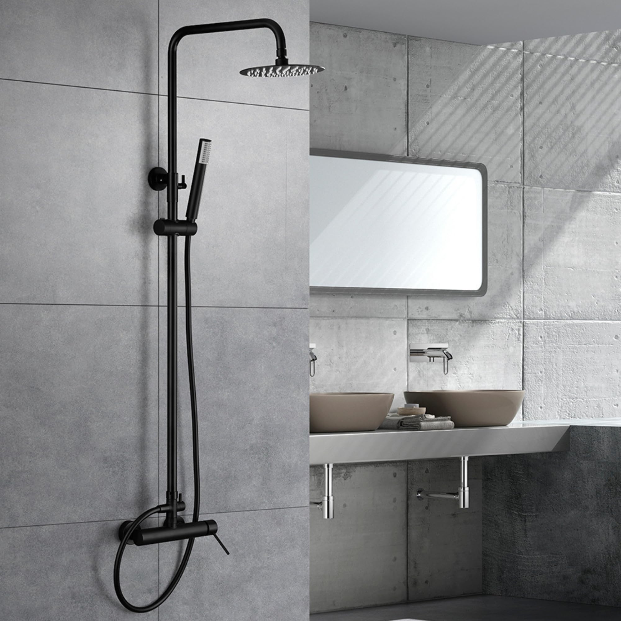 IMEX - Columna Ducha Negra Monomando con Grifo | Conjunto de Ducha con Alcachofa y Rociador Antical | Griferia en Latón y Acero Inox S.304 con Barra Extensible | Serie Milos Stick