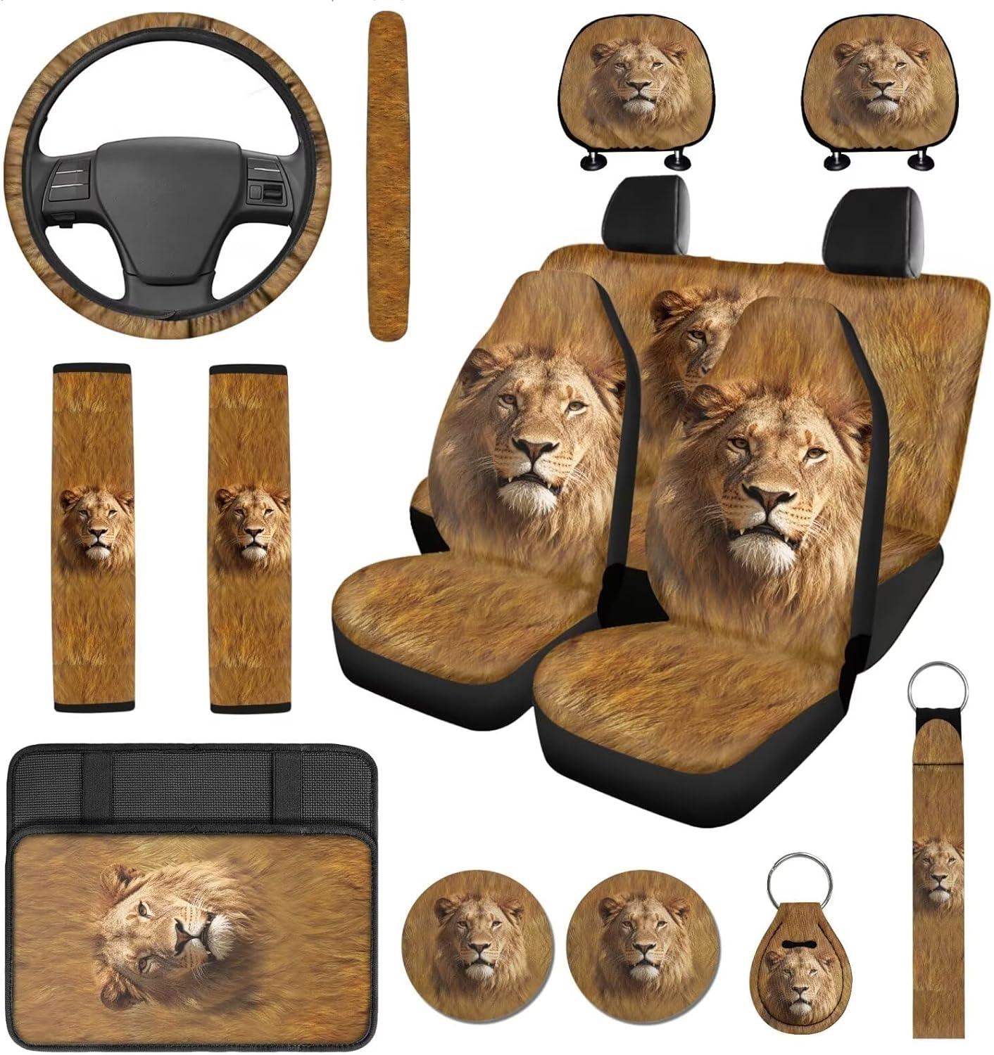 Horse Car Seat Covers, Black Horse Car Accessories Full Set with Steering Wheel Cover Men Center Console Pad, Seat Belt Cover Universal Fit SUV Truck Auto Interior Decorations 14 Pcs