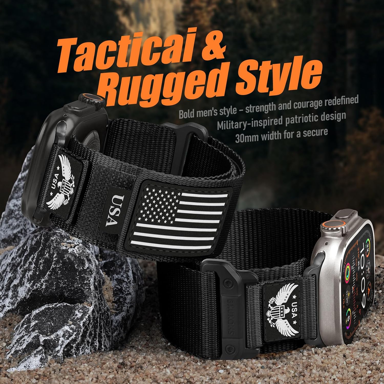 Rugged Nylon Bands for Apple Watch Ultra/3/2 Band 49mm 46mm 45mm 44mm 42mm iWatch Bands Men,Star-Stripe Flag Woven Sport Strap 30MM Wide Fabric Wristband for Apple Watch Series 11 10 9 8 7 6 5 4 3 SE - Image 8