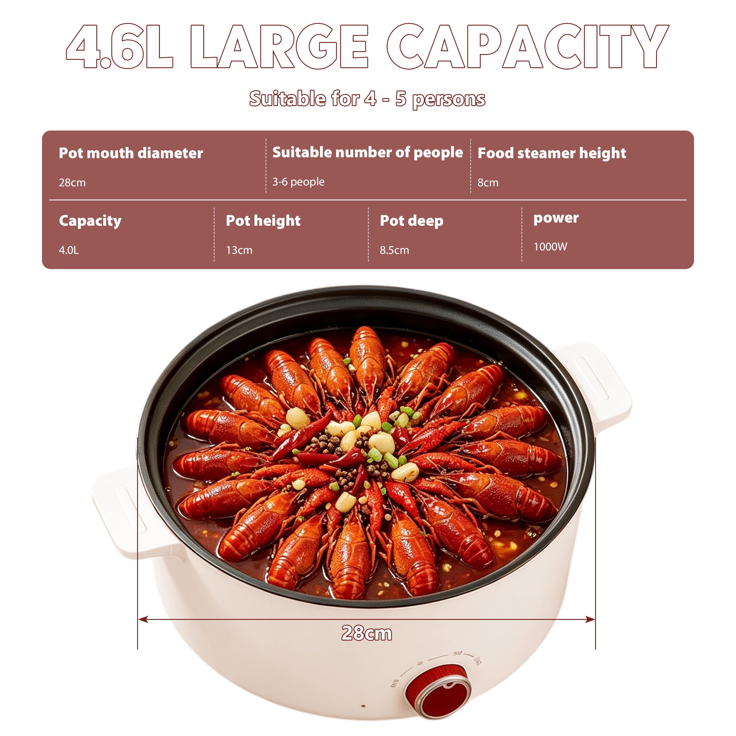 Hot Pot Électrique Portable 4,6 L avec Cuiseur Vapeur 1350W